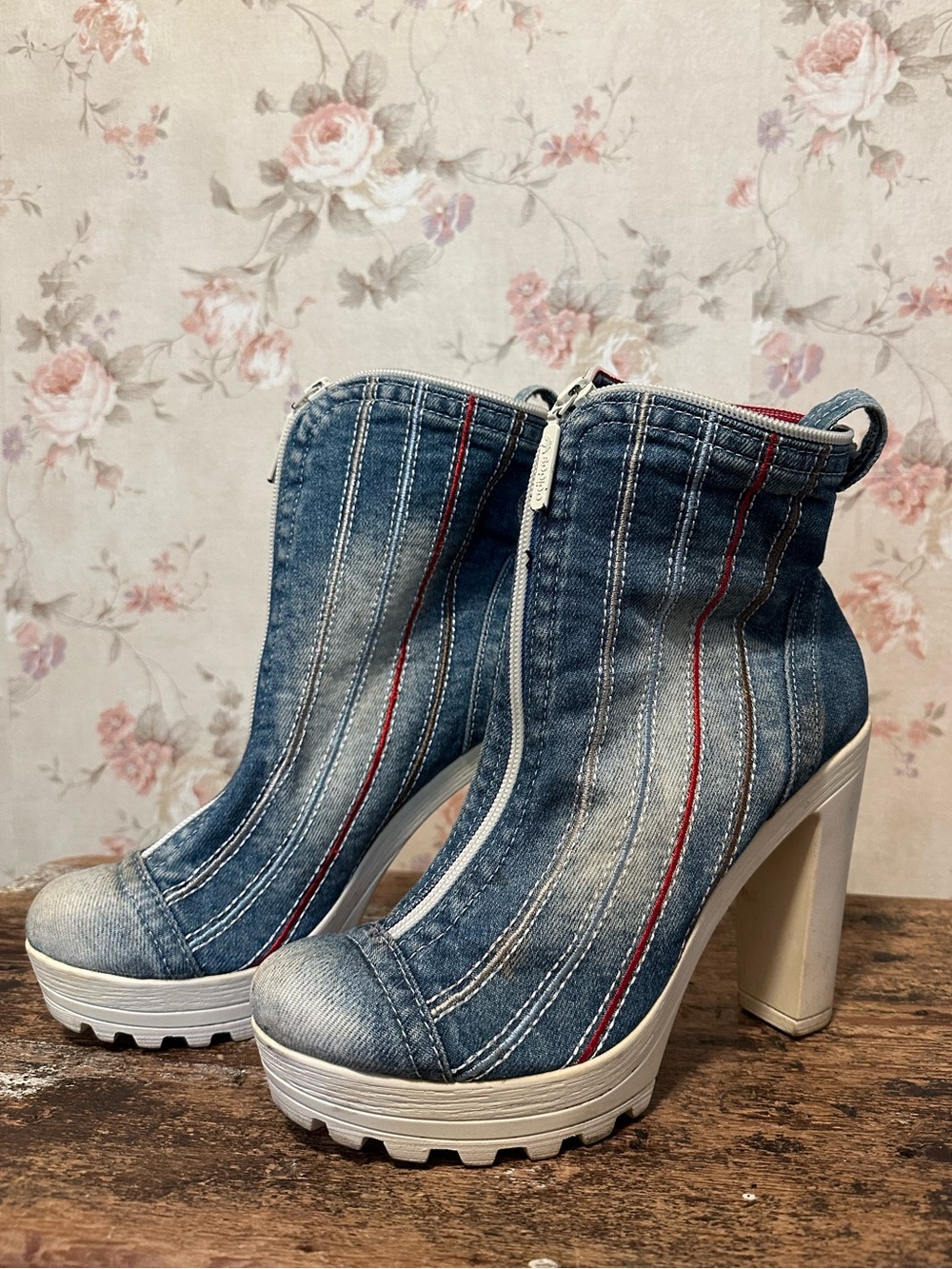 Upcycled Boots Platform Denim Y2K High Block Heel Size 39 - Picture 2 of 10